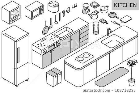 Illustration of kitchen utensils necessary for new life, simple isometric, monochrome Illustration of kitchen utensils necessary for new life, simple isometric, monochrome 108718253