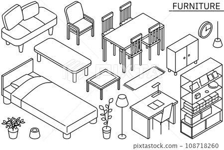 新生活所需的家具插圖，簡單等距，黑白 108718260