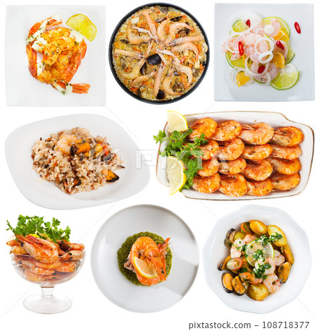 Collection of various dishes with shrimps 108718377