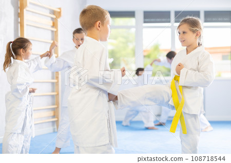 Young pupils train to perform defensive karate installations and attacking combat techniques Young pupils train to perform defensive karate installations and attacking combat techniques 108718544