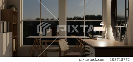 Side view image of a modern Japanese office workspace at night with wooden desks. Side view image of a modern Japanese office workspace at night with wooden desks. 108718772
