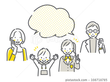 A smiling middle-aged family of four - simple and stylish line drawing illustration 108718785