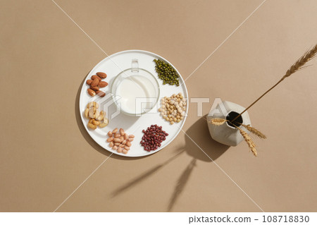 Glass cup of milk placed on a round shaped dish with some handfuls of different types of nut. Nuts and seeds are good sources of protein, vitamins and minerals 108718830