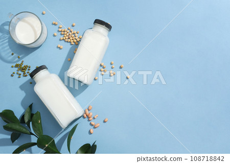 Two blank label bottles and a glass cup filled with milk displayed with green beans, soybeans and peanuts. Copy space. Concept of organic foods advertising Two blank label bottles and a glass cup filled with milk displayed with green beans, soybeans and peanuts. Copy space. Concept of organic foods advertising 108718842
