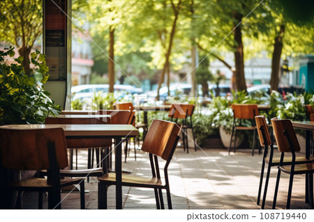 Outdoor table of coffee cafe and reataurant. Summer terrace on city street. Empty outside tables and chairs of outdoor cafe on blur green garden. Cozy outdoor zone cafe and restaurant. Generative AI. 108719440