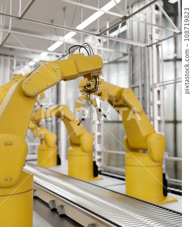 Yellow robot arms in a production line over a conveyor belt in a factory. Automated manufacturing. 108719823