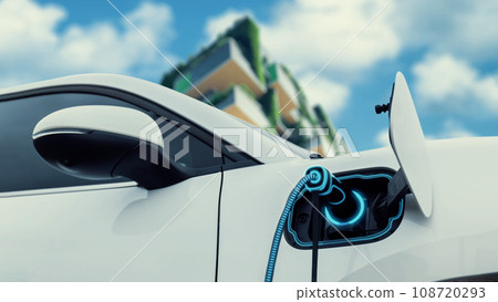 Electric car plugged in with charging station to recharge battery. Peruse Electric car plugged in with charging station to recharge battery. Peruse 108720293