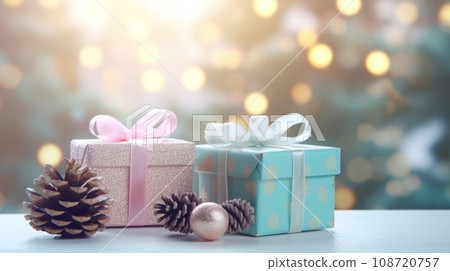 Christmas gift boxes on a wood table comeliness 108720757