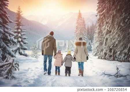 Happy family Father, mother and children are on winter walk in nature comeliness 108720854