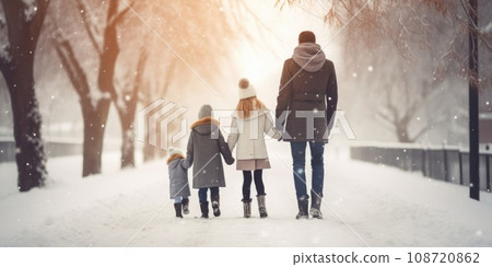 Happy family Father, mother and children are on winter walk in nature comeliness 108720862