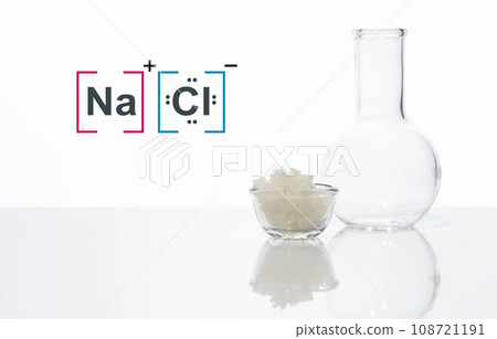 Sea Salt in glass container with molecular structure. Side View Sea Salt in glass container with molecular structure. Side View 108721191