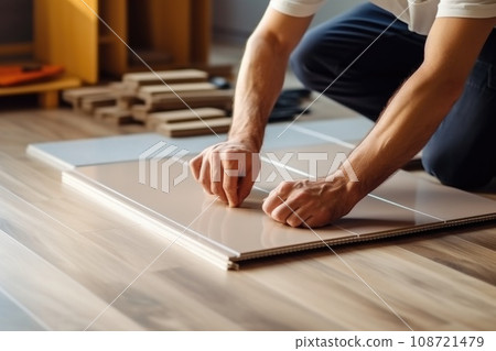 Male worker installing new wooden laminate flooring. The combination of wood panels of laminate and ceramic tiles. Kitchen renovation. Male worker installing new wooden laminate flooring. The combination of wood panels of laminate and ceramic tiles. Kitchen renovation. 108721479