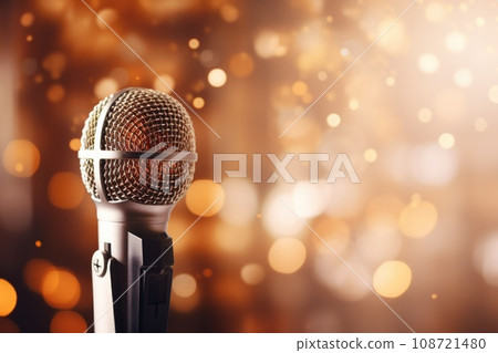 Close up of microphone in concert hall with blurred lights at background. Garland lamps or flashlights in a blurry bokeh. Close up of microphone in concert hall with blurred lights at background. Garland lamps or flashlights in a blurry bokeh. 108721480
