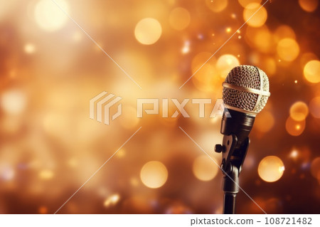 Close up of microphone in concert hall with blurred lights at background. Garland lamps or flashlights in a blurry bokeh. Close up of microphone in concert hall with blurred lights at background. Garland lamps or flashlights in a blurry bokeh. 108721482