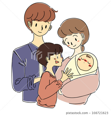 年輕夫婦和兒童和嬰兒家庭手繪插畫 108721623