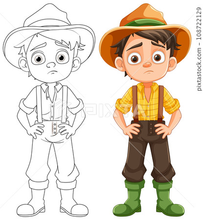 Bored Sad Boy in Farmer Overalls Cartoon Character 108722129