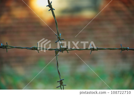 Rusty barbed wire fence in an outdoor environment Rusty barbed wire fence in an outdoor environment 108722710