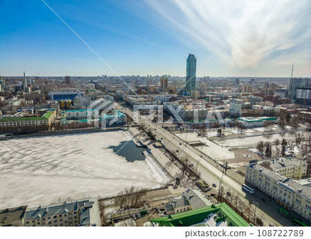 Embankment of the central pond and Plotinka. The historic center of the city of Yekaterinburg, Russia, Aerial View Embankment of the central pond and Plotinka. The historic center of the city of Yekaterinburg, Russia, Aerial View 108722789