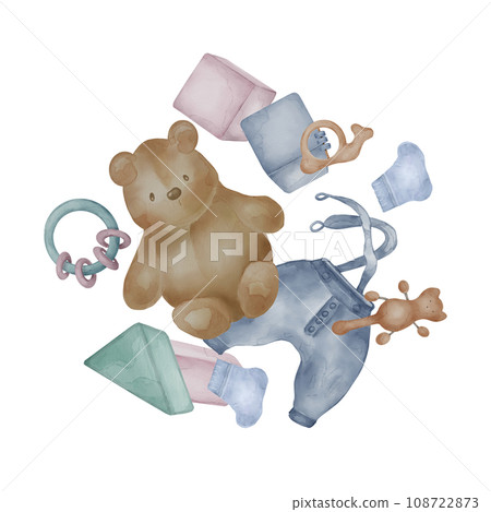 Illustration with teddy bear, baby clothes neutral colors isolated on white background. Hand drawn plush bear in pastel shades. Painted baby toys, cubes. Element for birthday card, newborn shower 108722873