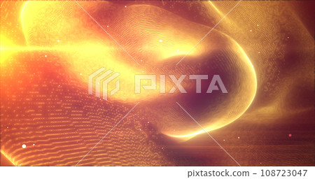 Orange glowing energy bright particles light lines and waves abstract background 108723047