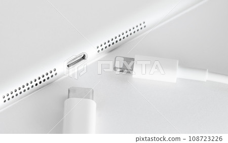 Uniform USB-C concept for all mobile phones. USB C and Lightning cables. Usb c cable and lightning cable in front of device. Selective Focus. Uniform USB-C concept for all mobile phones. USB C and Lightning cables. Usb c cable and lightning cable in front of device. Selective Focus. 108723226
