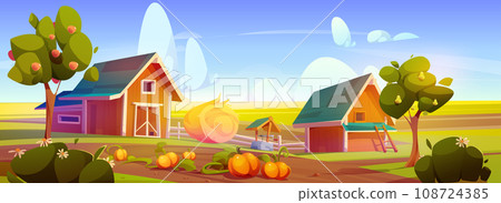 Village farm with barn and haystack 108724385