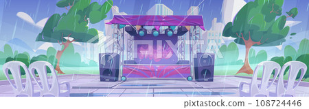 Rain in park with outdoor music festival stage 108724446