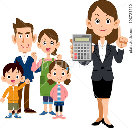 A woman in a suit showing a calculator with her family A woman in a suit showing a calculator with her family 108725210