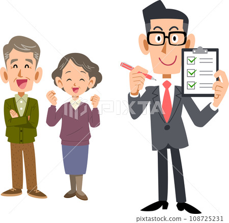 A man in a suit showing a checklist to a senior couple A man in a suit showing a checklist to a senior couple 108725231