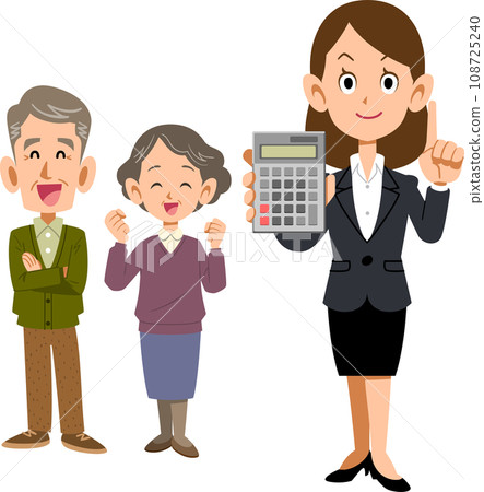 A woman in a suit showing a calculator with a senior couple 108725240