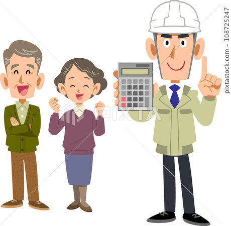 A man in work clothes showing a calculator with a senior couple 108725247