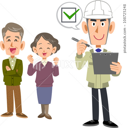 A man in work clothes checking with a senior couple 108725248