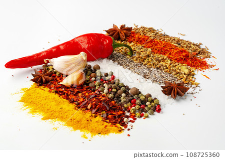 Rows of different spices on white background 108725360