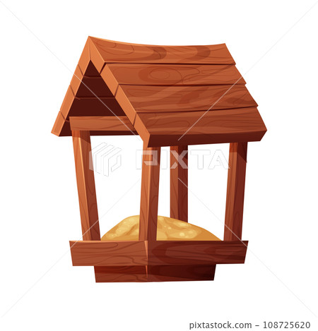 Wooden bird feeder with roof and seeds inside in cartoon style isolated on white background. Hanging construction, bird care. Wooden bird feeder with roof and seeds inside in cartoon style isolated on white background. Hanging construction, bird care. 108725620