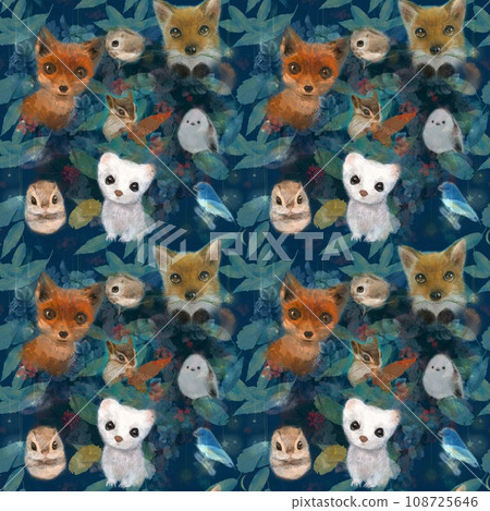 生活在北海道森林中的可愛野生動物的無縫圖案插圖 108725646