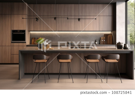 AI generation. Sleek and modern, the dark kitchen exudes industrial flair and sophistication. AI generation. Sleek and modern, the dark kitchen exudes industrial flair and sophistication. 108725841