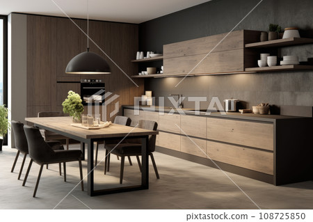 AI generation. Sleek and modern, the dark kitchen exudes industrial flair and sophistication. AI generation. Sleek and modern, the dark kitchen exudes industrial flair and sophistication. 108725850
