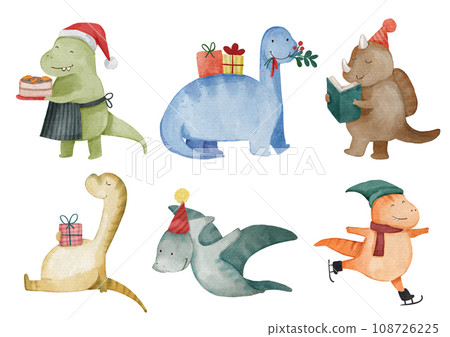 Dinosaurs . Christmas theme . Watercolor paint cartoon characters . Isolated . Set 1 of 4 . illustration . Dinosaurs . Christmas theme . Watercolor paint cartoon characters . Isolated . Set 1 of 4 . illustration . 108726225