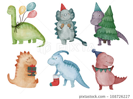 Dinosaurs . Christmas theme . Watercolor paint cartoon characters . Isolated . Set 2 of 4 . illustration . Dinosaurs . Christmas theme . Watercolor paint cartoon characters . Isolated . Set 2 of 4 . illustration . 108726227