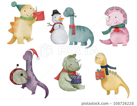 Dinosaurs . Christmas theme . Watercolor paint cartoon characters . Isolated . Set 3 of 4 . illustration . 108726228