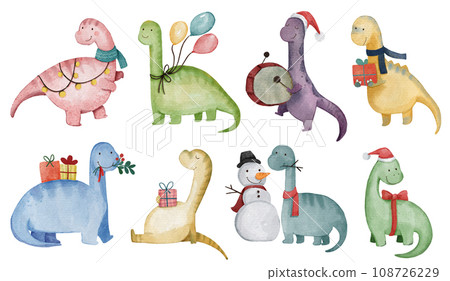 Dinosaurs . Christmas theme . Watercolor paint cartoon characters . Isolated . Set 4 of 4 . illustration . Dinosaurs . Christmas theme . Watercolor paint cartoon characters . Isolated . Set 4 of 4 . illustration . 108726229