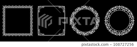 Set of decorative frames Elegant vector element for design in Eastern style, place for text. Floral black and white borders. Lace illustration for invitations and greeting cards. 108727256