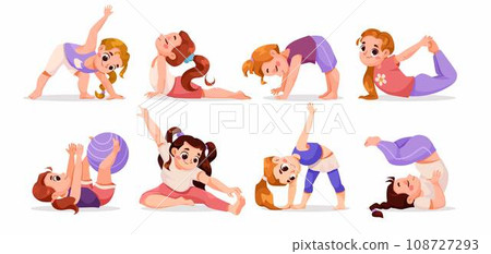 Children Doing Yoga Standing in Asana Vector Set Children Doing Yoga Standing in Asana Vector Set 108727293