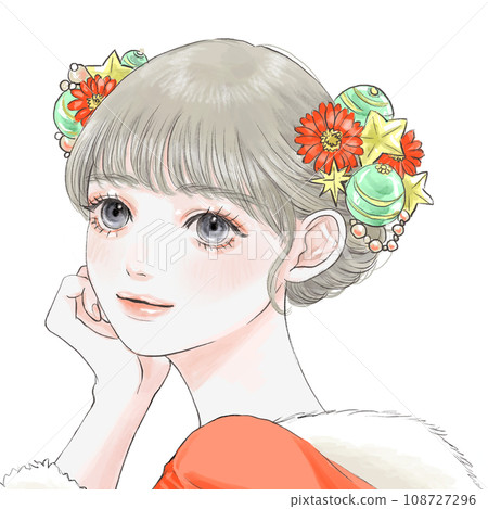 A girl with Christmas arranged hair wearing a red Santa costume 108727296