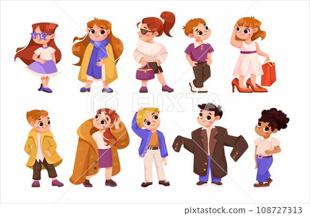Stylish Children Characters Wear Fashion Apparel and Clothes Vector Set 108727313