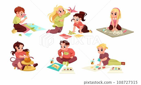 Creative Children on the Floor Engaged in Workshop Activity Vector Set Creative Children on the Floor Engaged in Workshop Activity Vector Set 108727315