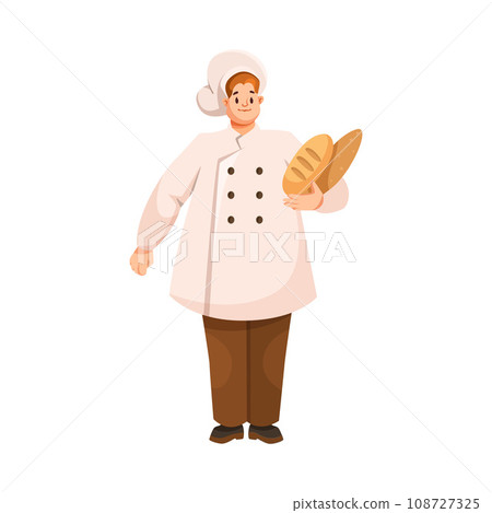 Man Chef Character in Uniform Holding Baked Bread Loaf in Restaurant Cooking Meal Vector Illustration Man Chef Character in Uniform Holding Baked Bread Loaf in Restaurant Cooking Meal Vector Illustration 108727325
