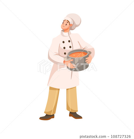 Man Chef Character in Uniform Standing with Pot in Restaurant Cooking Meal Vector Illustration Man Chef Character in Uniform Standing with Pot in Restaurant Cooking Meal Vector Illustration 108727326