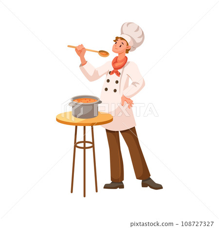 Man Chef Character in Uniform Taste Soup with Spoon in Restaurant Cooking Meal Vector Illustration Man Chef Character in Uniform Taste Soup with Spoon in Restaurant Cooking Meal Vector Illustration 108727327