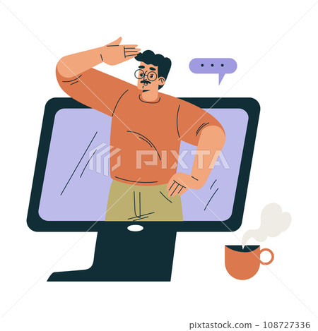 Business Concept with Man Character from Computer Screen Have Online Conference Vector Illustration 108727336